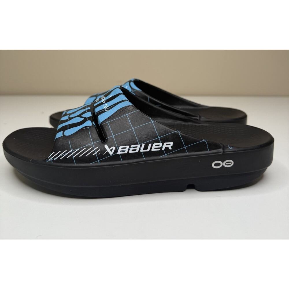 OOFOS Black and Light Blue Slide Sandals